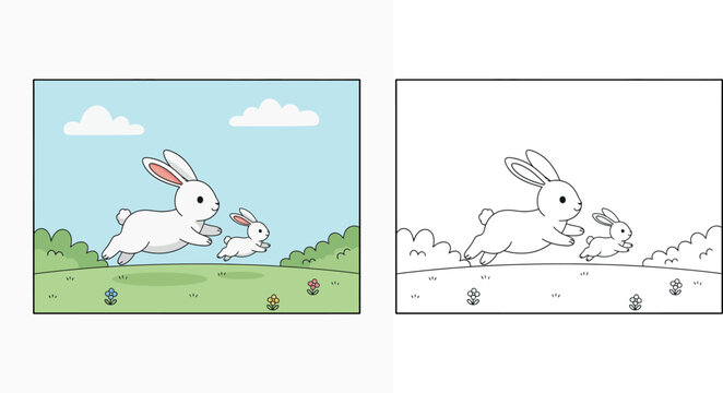 Cute Mother and Baby Rabbit Jumping in a Sunny Meadow Illustration, Kawaii White Bunny Characters