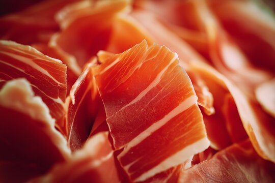 Close up of cured ham slices with delicate marbling texture, shallow depth of field, high detail, warm tones