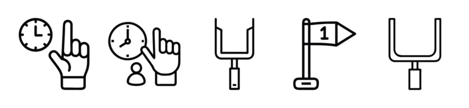 Set of american football icons including game clock, timeout, goal post, and first down marker, isolated on white background