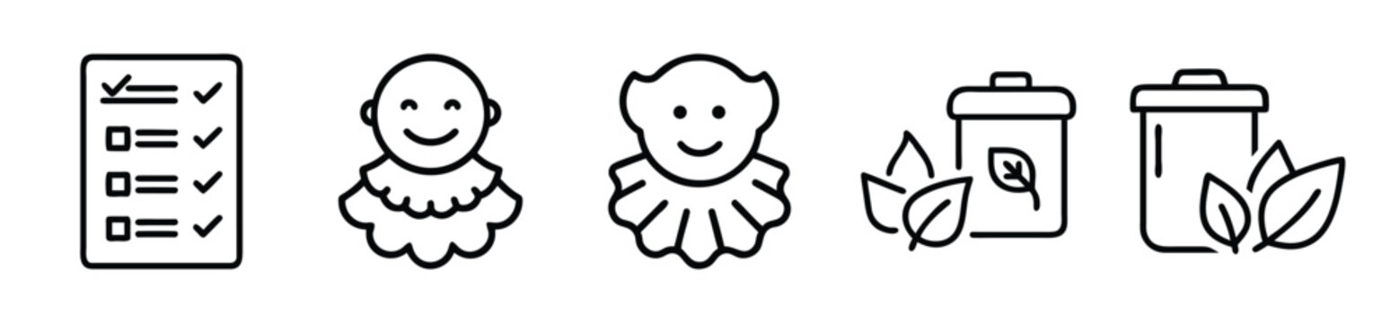 Set of five line art icons featuring a checklist, two characters with ruffled collars, and two compost or recycling bins with leaves