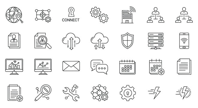A set of black line icons representing various technology, communication, and security concepts on a white background.