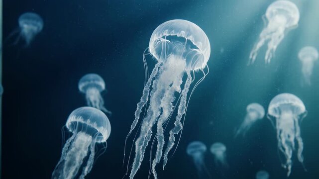 White glowing jellyfish drifting in peaceful cinematic deep ocean