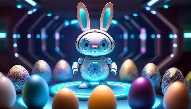 robot bunny easter egg futuristic laboratory toy pet stands on circular platform beside patterned eggs glowing corridor behind gentle smile suggesting hope for future technology