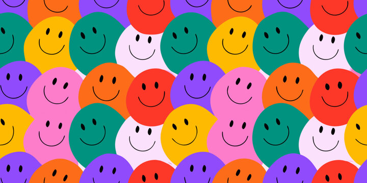 Colorful smiling face pattern vibrant and cheerful repeating background