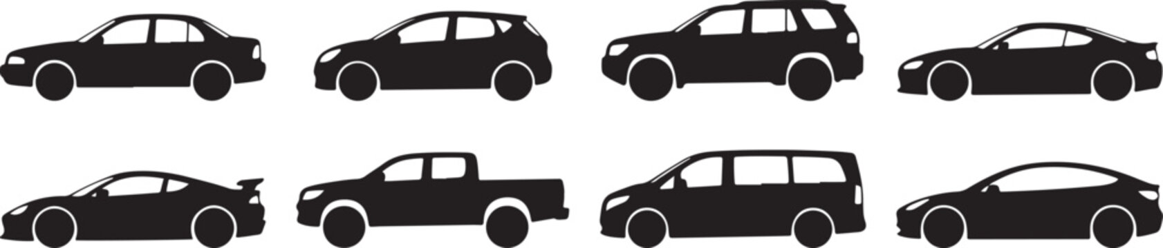 Collection of car silhouettes featuring various vehicle types including sedan, hatchback, suv, pickup truck, sports coupe, minivan, and electric car models