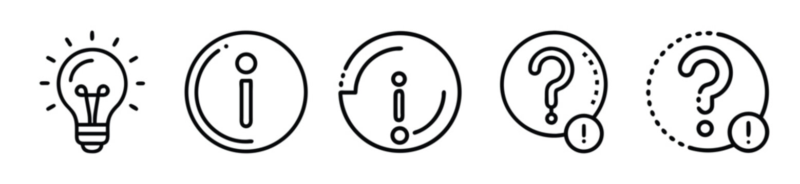 Set of thin line icons for help and support, including light bulb, information, and question mark symbols, isolated on white background