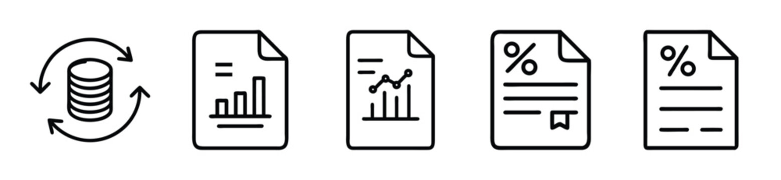 Set of finance and business document icons, including coin rotation, bar chart, line graph, and percentage report symbols, isolated on white background