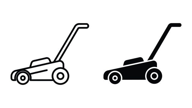 Two lawn mowers with handles in black and white vector style