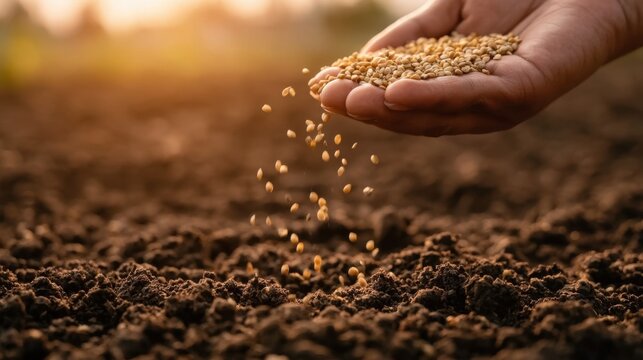 Hand Scattering Seed Grain on Fertile Soil in Sunrise Agriculture Field
