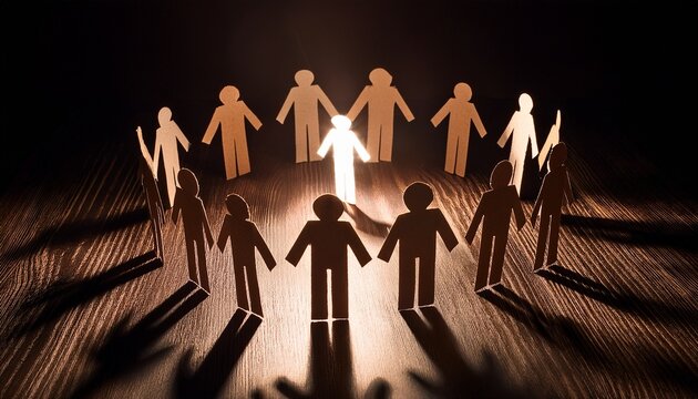 dark backdrop visual of social isolation with numerous paper figures encircling one prominent figure on a wooden stand