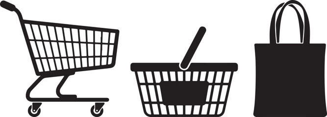 Collection of retail and e-commerce shopping equipment silhouettes featuring a metal supermarket trolley, plastic hand-held grocery basket, and reusable fabric tote bag © fepro