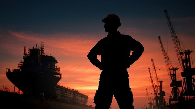 Silhouette of industrial worker standing with hand on hip at harbor sunset