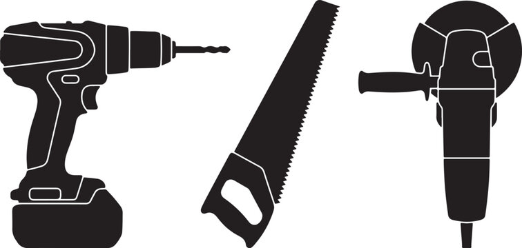 Title: Collection of professional power tools silhouettes featuring cordless electric drill, hand saw, and industrial angle grinder for construction and woodworking projects