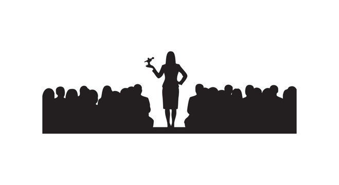 Silhouette of female speaker holding microphone presenting to audience in front of crowd on stage dark flat design.