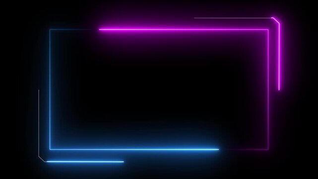 Abstract neon line light glowing rectangle frame border studio background looping animation on black background, moving Neon lights border overlay light live stream over frame for twitch game streamer
