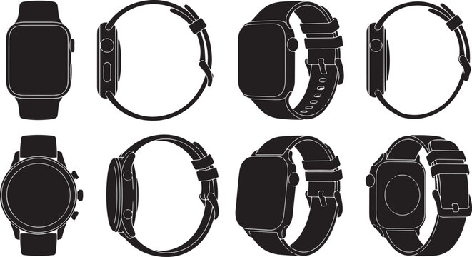Collection of smartwatch silhouettes in various angles and positions including front view, side view, perspective, round and square dial wearable devices