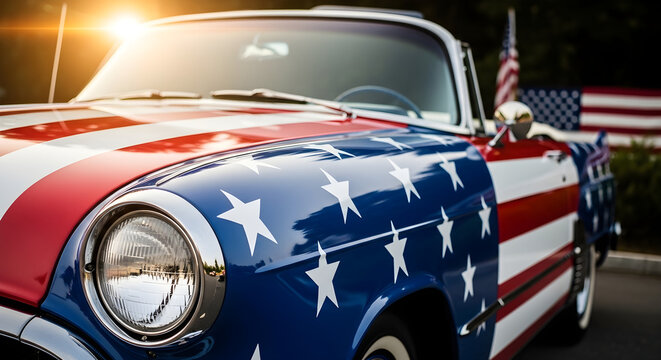 Vintage american car decorated with patriotic stars and stripes sunlit exterior
