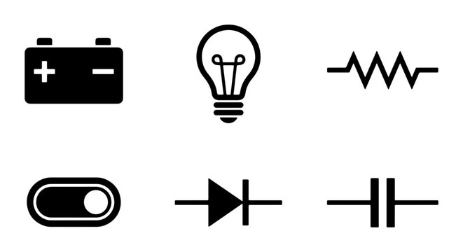 Electrical Circuit Components Vector Icons Set: Battery, Light Bulb, Resistor, Switch, Diode, Capacitor for Technology and Science Concepts
