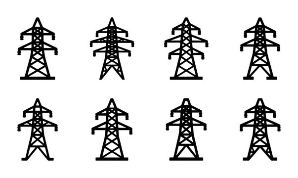 Electricity Pylon Icons, High Voltage Tower Symbols, Power Line Structures, Transmission Tower Graphics, Industrial Energy Infrastructure Vector Set