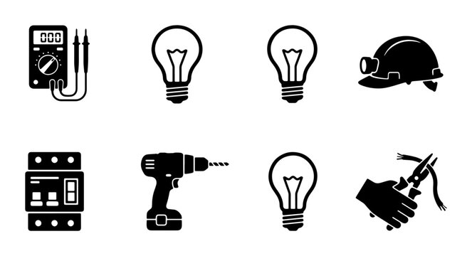 Electrical Tools and Equipment Icons Set, Vector Graphics for Industry and Construction Projects, Safety Gear and Lighting Symbols