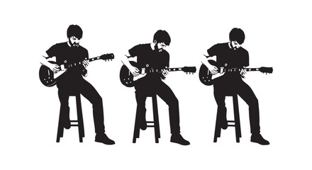 Naklejka premium Talented male guitarist sitting on stool playing electric guitar in three different stages of musical performance flow.