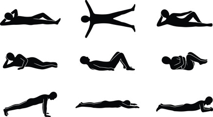 Professional collection of people silhouettes in various lying down positions including sleeping resting exercising and floor poses for healthcare wellness architectural visualization and lifestyle © Adib