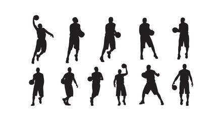 Obraz premium Ten basketball players silhouettes in various action poses for sport competition design isolated on white background.