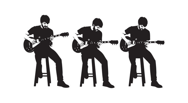 Talented male guitarist sitting on stool playing electric guitar in three different stages of musical performance flow.