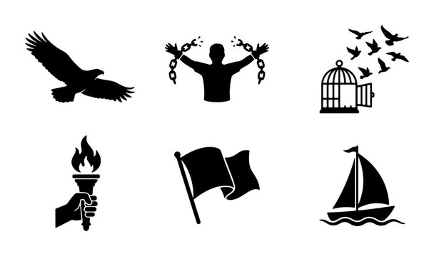 Freedom and Independence Icons: Eagle, Broken Chains, Birds Flying, Torch, Flag, Sailboat Vector Set