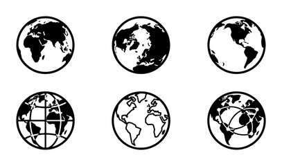 Obraz premium Global Earth Icons Set, World Map Vector Graphics, Continents & Oceans, International Connectivity Symbols, Diverse Planet Views