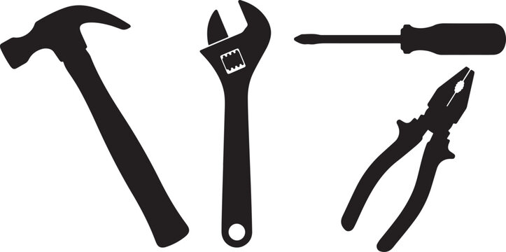 Title: Professional hand tools silhouette collection featuring a claw hammer, adjustable wrench, phillips head screwdriver, and combination pliers for hardware and construction