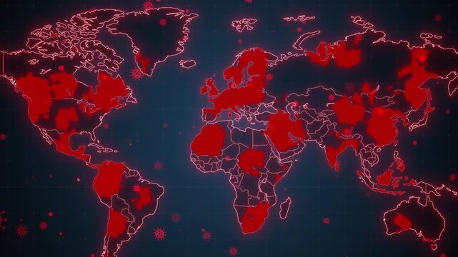 Animated world map with spreading virus symbols visualizes a global outbreak, highlighting transmission, expansion, and pandemic risk