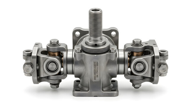 Industrial Universal Joint Assembly for Mechanical Power Transmission on White Background.