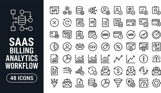 SaaS Billing Analytics Workflow Icon Set with Subscription Revenue Payment Metrics and Financial Dashboard Vector Illustration