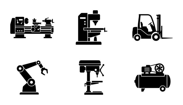 Industrial Machinery Icons Set: Lathe, Press, Forklift, Robot Arm, Drill Press, Air Compressor, Manufacturing Equipment Vector Graphics