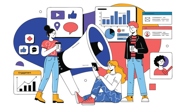People engaging with digital media and analytics