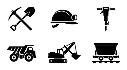 Mining Equipment Icons Set, Industrial Tools Vector Graphics, Construction Machinery Symbols, Heavy Duty Vehicle Illustrations, Safety Gear and Excavation Tools © Tanzina
