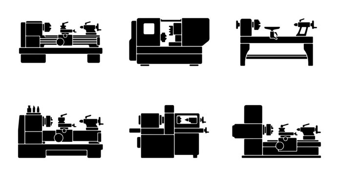 Industrial Lathe Machine Icons, Metalworking Equipment Silhouettes, Precision Engineering Tools Set, Manufacturing Machinery Vector Graphics