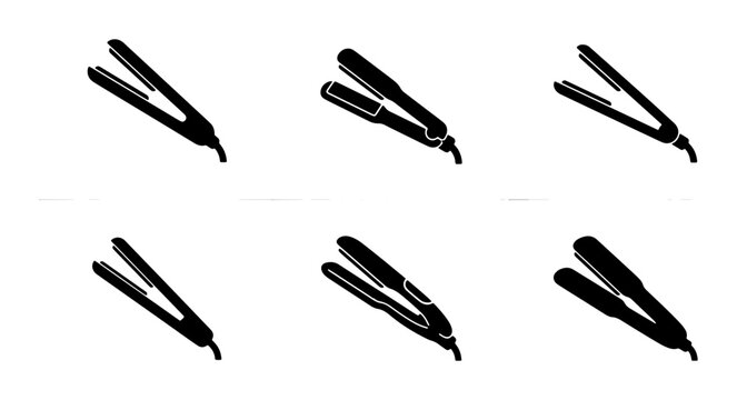 Hair Straightener Icons Set, Flat Design Hair Styling Tools Collection, Black Hair Iron Vector Graphics for Beauty and Salon Concepts