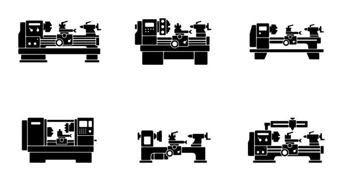 Industrial Lathe Machine Icons, Metalworking Equipment Set, Precision Engineering Tools Collection, Black and White Vector Graphics