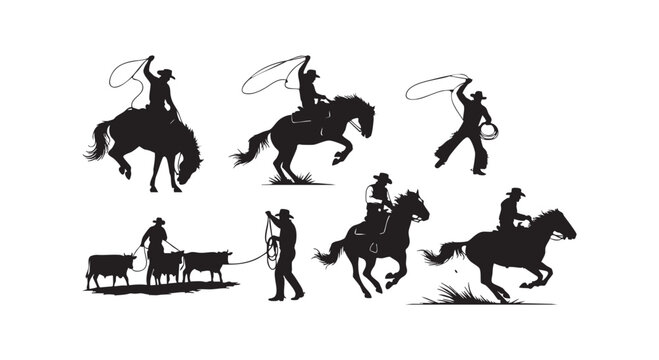 Western cowboy rodeo silhouette set featuring horse riders with lassos cattle herding and wild west ranch life characters.