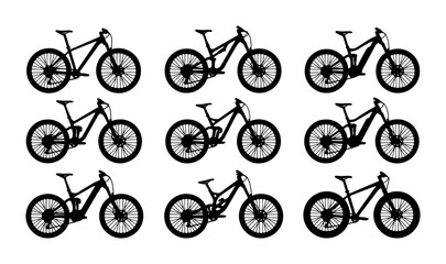 Mountain Bike Silhouettes Collection, Diverse Bicycle Designs, Off-Road Cycling Vector Icons, Extreme Sports Equipment Graphics, All-Terrain Vehicle Illustrations © Tanzina