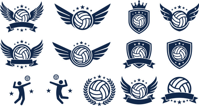 Blue volleyball sport logo collection with winged ball shields banners stars and player silhouette vector icons
