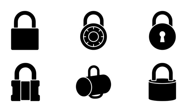 Security Icons Set: Padlock, Combination Lock, Keyhole Lock, Shackle Lock, Cylinder Lock, Black Vector Graphics for Safety and Protection Concepts
