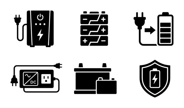 Power Supply Icons, Battery Storage Symbols, UPS and Inverter Graphics, Energy Solutions Vector Set