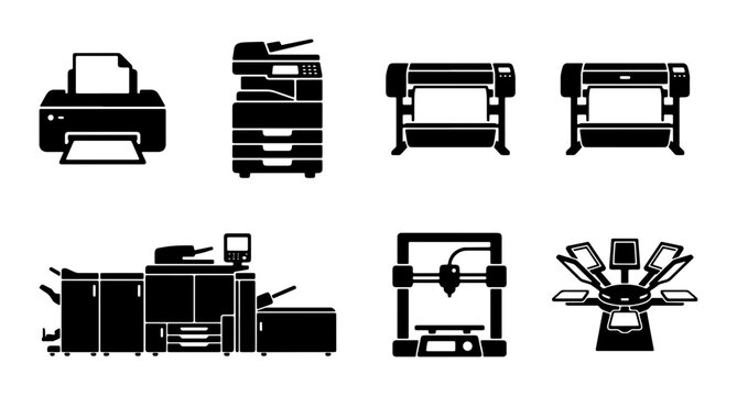 Printing Equipment Icons Set: Digital Printer, Copier, Large Format Plotters, Industrial Press, 3D Printer, Screen Printer, Graphic Design Tools