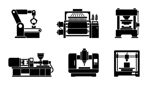 Industrial Machinery Icons: Robotic Arm, Knitting Machine, Press, Injection Molding, CNC Mill, 3D Printer Set