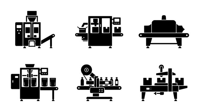 Industrial Automation Icons, Manufacturing Machinery Set, Production Line Equipment Vector Graphics, Factory Technology Symbols