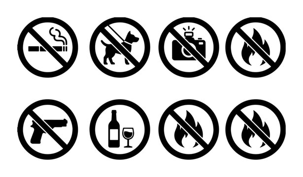 Prohibition Signs Vector Set: No Smoking, No Pets, No Photography, No Fire, No Guns, No Alcohol, Safety Icons Collection