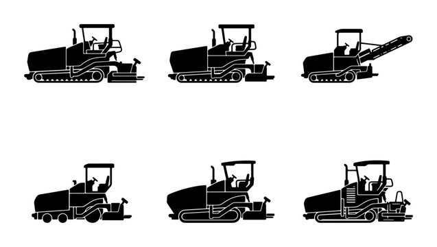 Asphalt Paver Machine Icons, Road Construction Equipment Vector Set, Heavy Machinery Illustrations for Paving Projects
